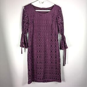 R&K Women’s Size 6 Purple Lace Sheath Dress Bell Sleeve Lined Cocktail Party